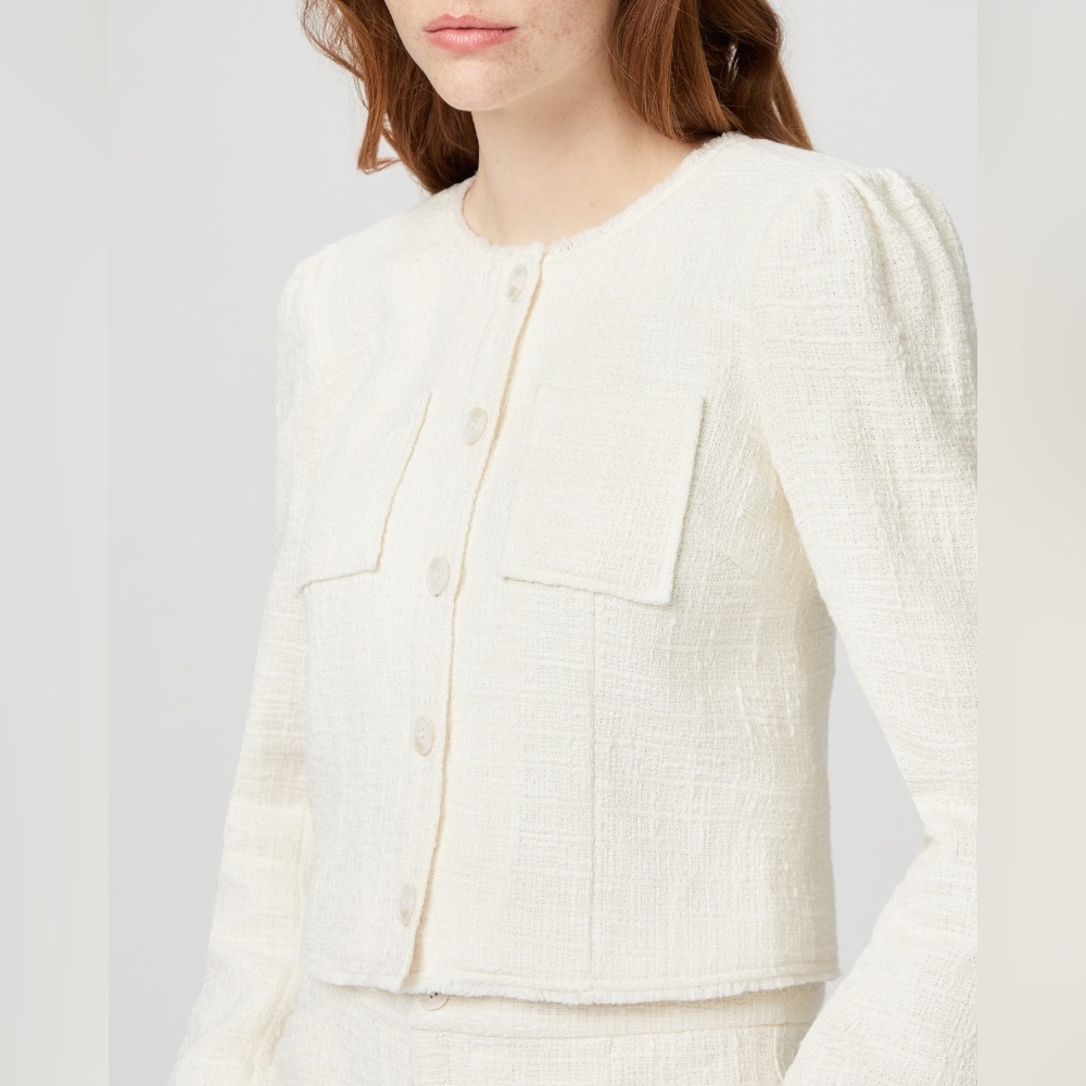 PAIGE - Cambridge Jacket, Cream Tweed Round-Neck Button Cropped Blazer